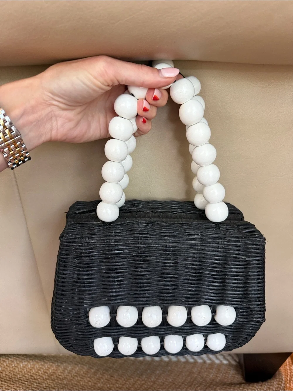 Anthropologie Black Woven Tote with White Beaded Handles